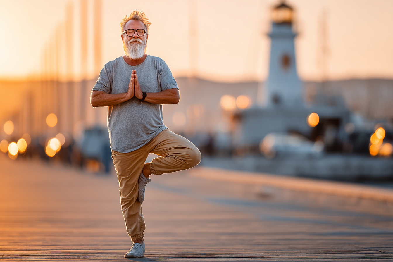 Seniori practicând yoga în natură